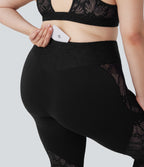 SoftlyZeroTM Crossover High Waisted Contrast Lace Yoga Plus Size Flare Leggings with Pocket
