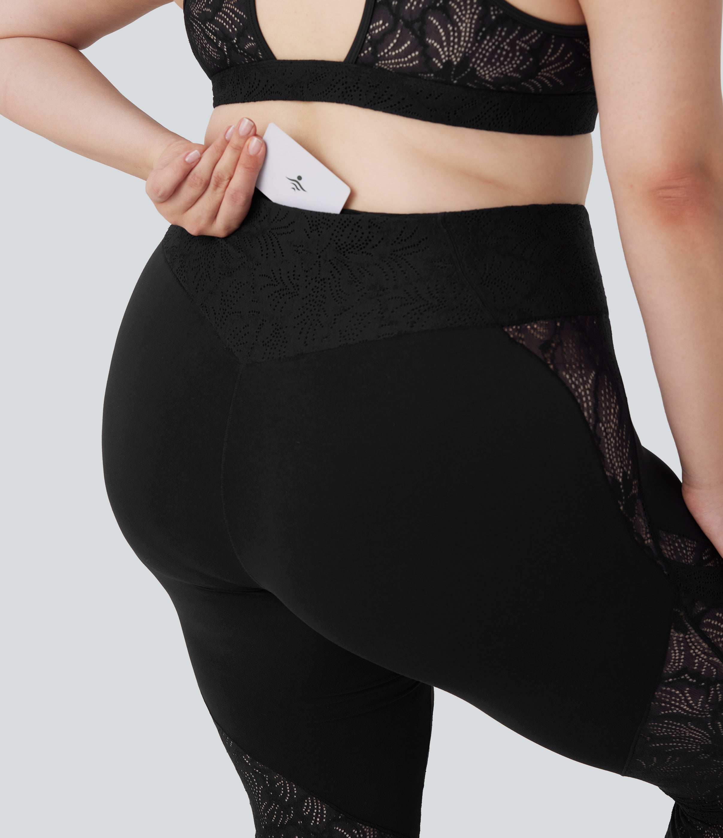 SoftlyZeroTM Crossover High Waisted Contrast Lace Yoga Plus Size Flare Leggings with Pocket