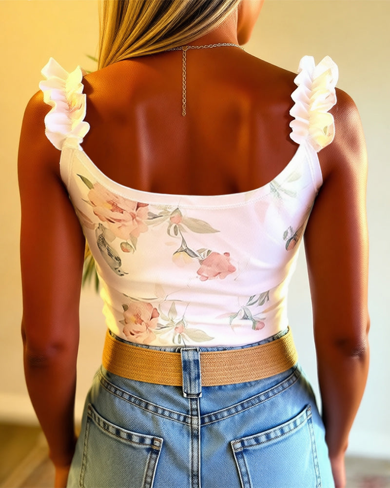 Watercolor Floral Print U-Neck Ruffles Straps Tank Slim Fit Backless Cami Top
