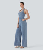 FlexTM Halter Wide Leg Denim Casual Jumpsuit with Pockets