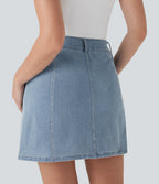 FlexTM Mid Rise A Line Stretchy Knit Denim Mini Casual Skirt with Pockets