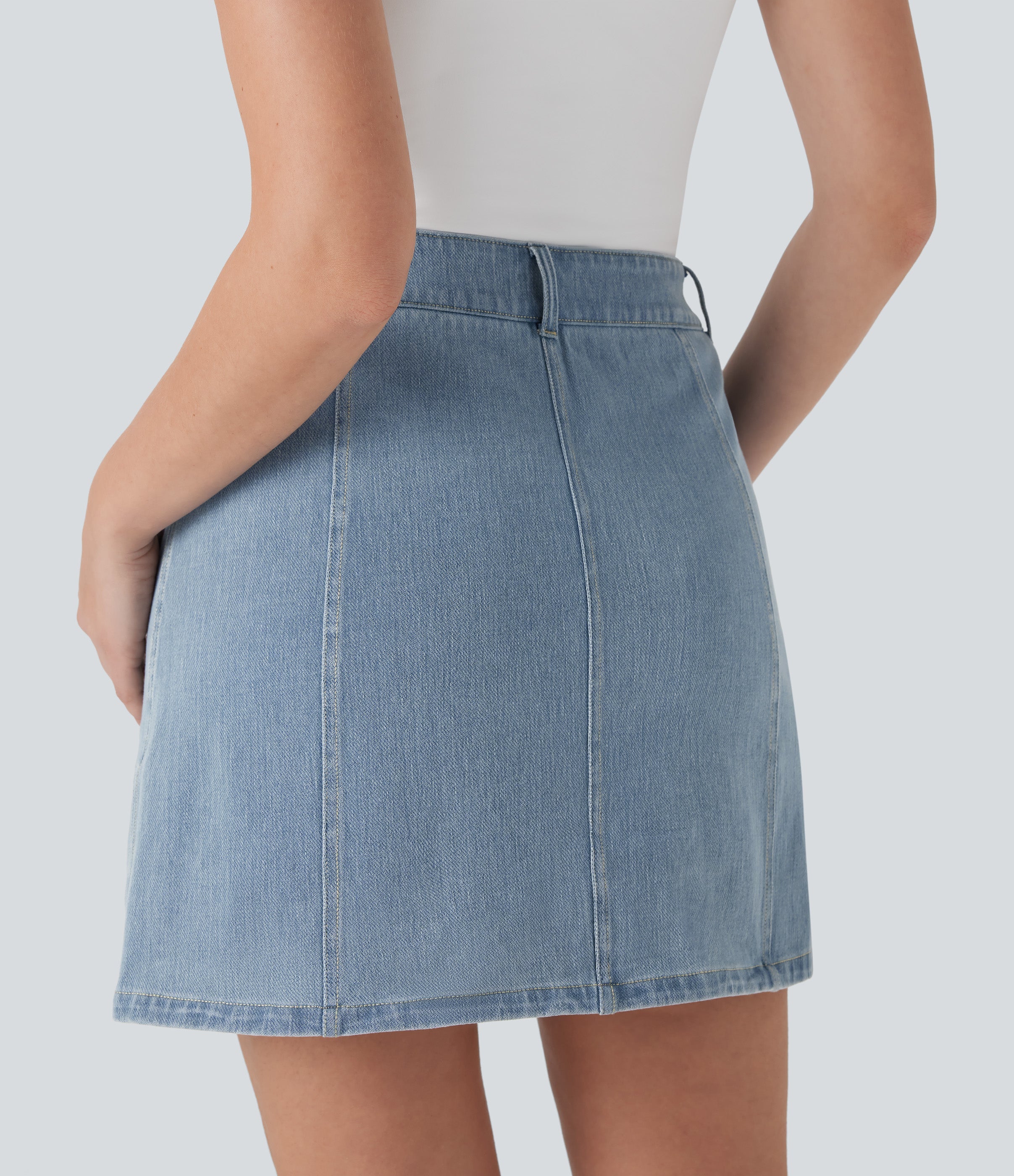 FlexTM Mid Rise A Line Stretchy Knit Denim Mini Casual Skirt with Pockets