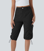 Mid-Rise Ruched Cargo Quick-Dry Casual Pedal Pusher Pants with Pockets