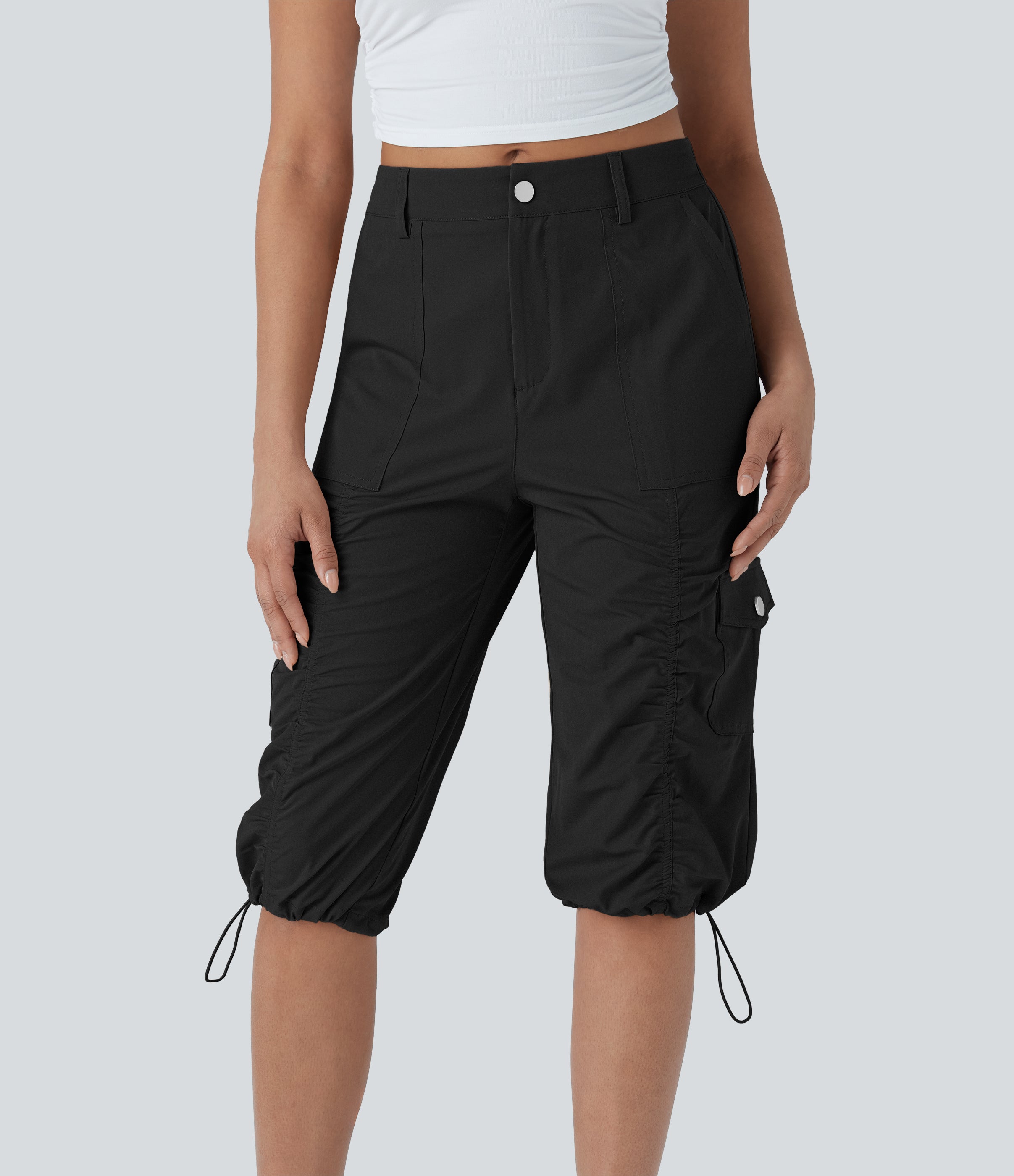 Mid-Rise Ruched Cargo Quick-Dry Casual Pedal Pusher Pants with Pockets