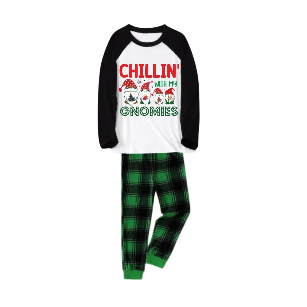 Black Raglan Top Green Plaid Christmas Pajamas Set With Gnomies and Holiday Lettering
