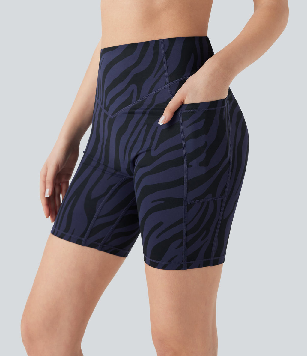 SoCinched High Waisted Tummy Control Zebra Print Training Biker Shorts 7'' with Pockets