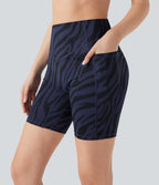 SoCinched High Waisted Tummy Control Zebra Print Training Biker Shorts 7'' with Pockets