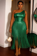 One Shoulder Sleeveless Fringe Metallic Party Maxi Dresses-Gold