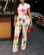 Women's 2 Piece Floral Mesh Set Asymmetric Slit Top and High Waist Flare Pants Set Lettuce Hem Sheer Party Clubwear