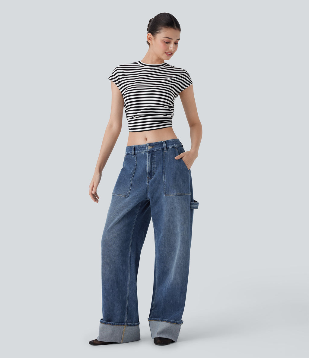 FlexTM Low Rise Rolled Hem Washed Casual Baggy Jeans with Pockets