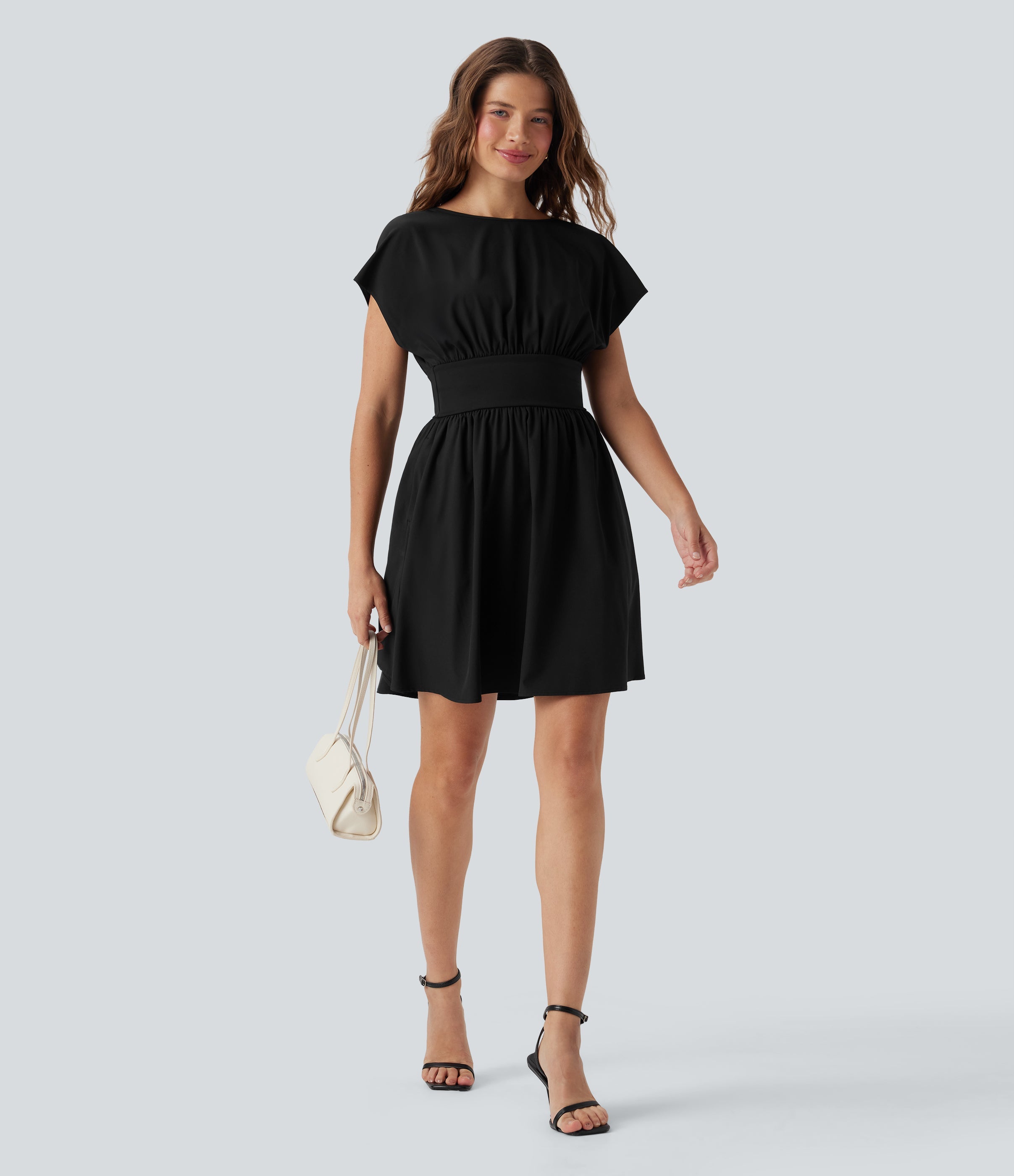 BreezefulTM Batwing Short Sleeve Flowy Quick Dry Mini Work Dress with Pockets