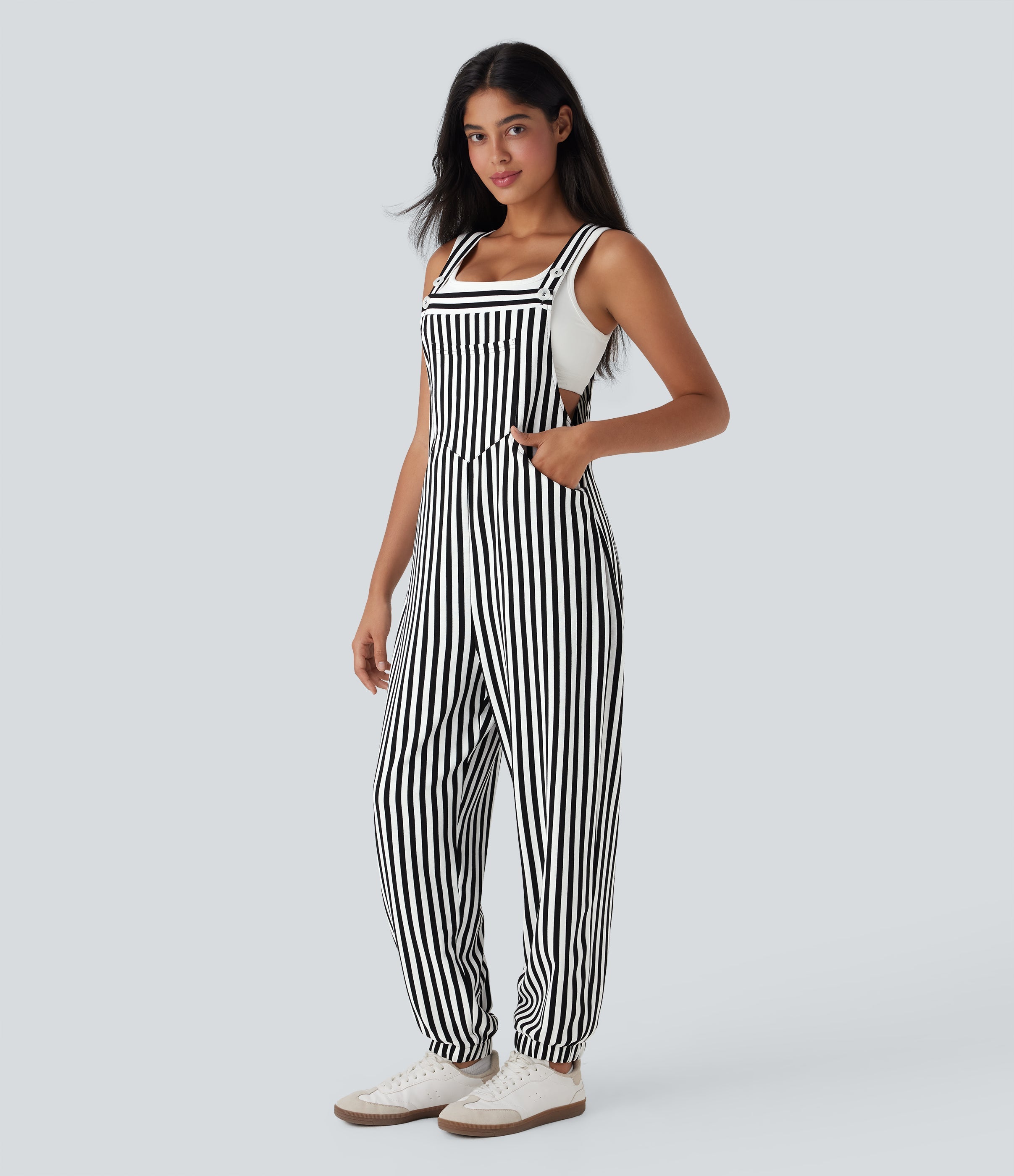 Stripe Waffle Jogger Overalls with Pockets