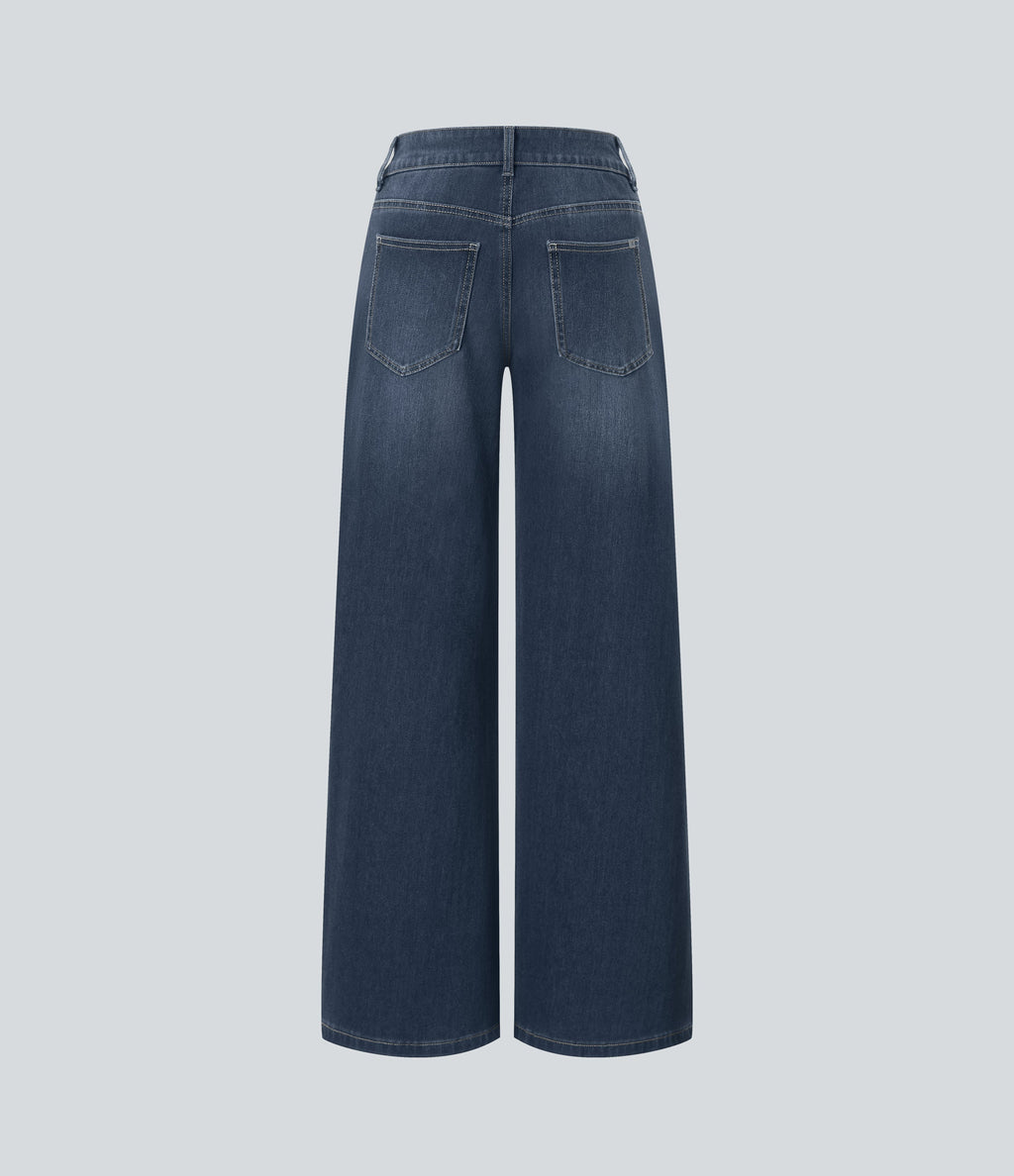 FlexTM Asymmetric Low Rise Zipper Pockets Baggy Wide Leg Washed Casual Jeans
