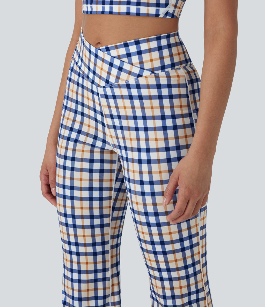 Crossover High Waisted Plaid Cool Touch Yoga Flare Leggings with Pocket