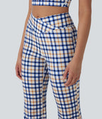 Crossover High Waisted Plaid Cool Touch Yoga Flare Leggings with Pocket
