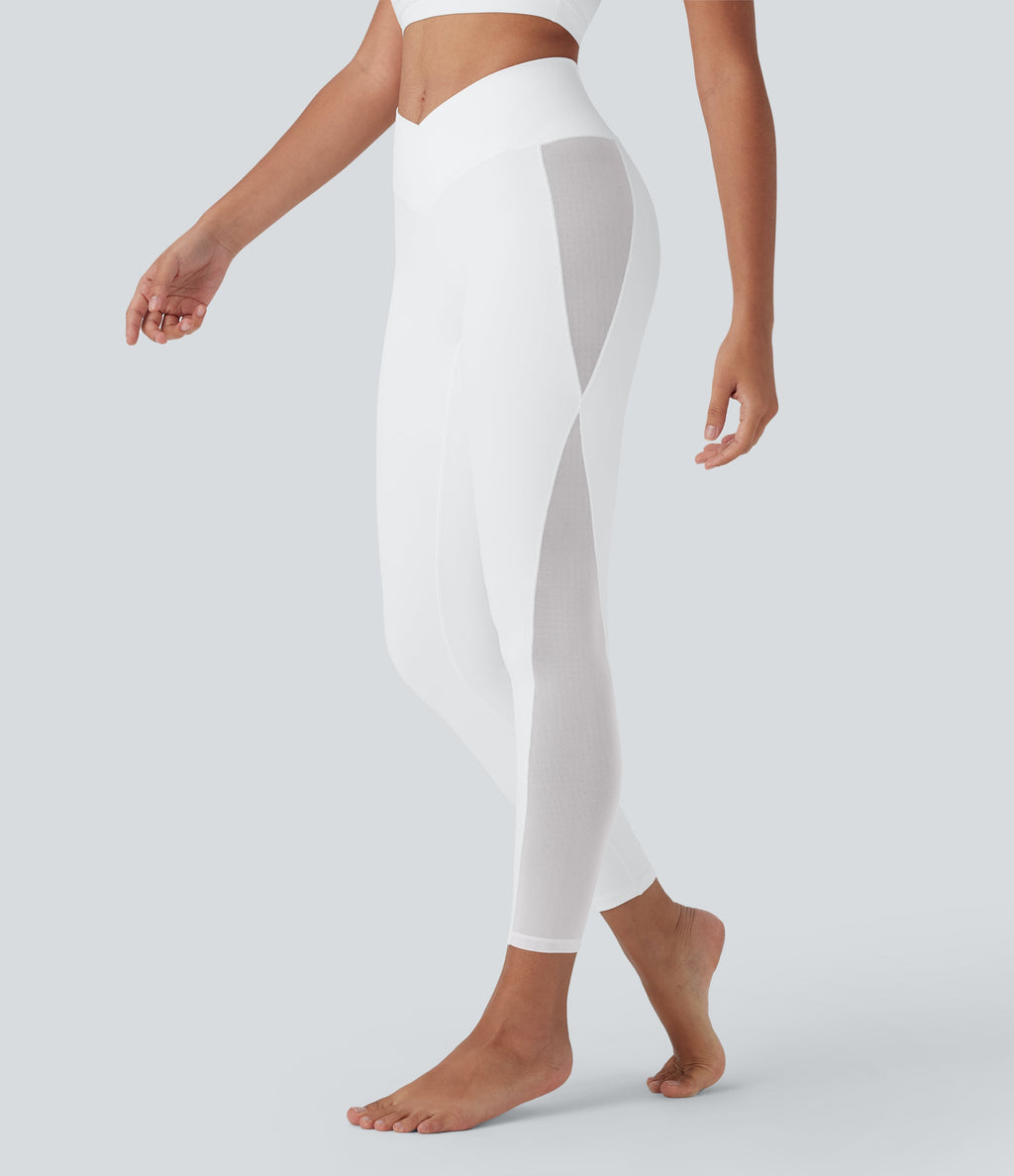 SoftlyZeroTM Crossover High Waisted Contrast Mesh Yoga Leggings with Pocket-UPF50+
