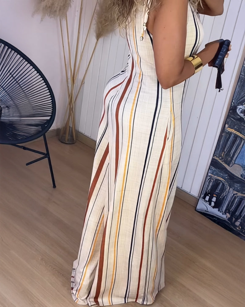 Striped V Neck Sleeveless Zipper Back Overalls Casual Shoulder Tied Wide Leg Jumpsuit With Pockets
