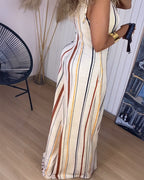 Striped V Neck Sleeveless Zipper Back Overalls Casual Shoulder Tied Wide Leg Jumpsuit With Pockets