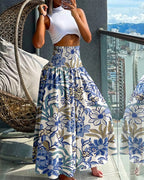 Vintage Floral Print High Waist Shirred Elastic Waist Wide Leg Pants