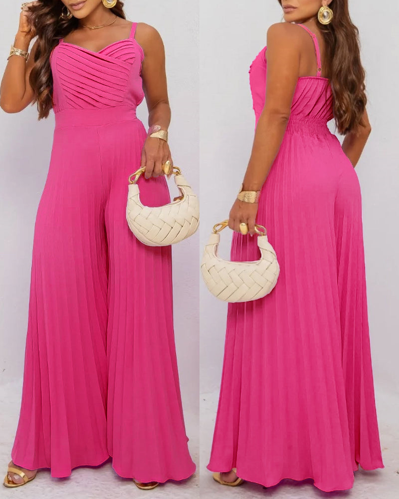 Pleated Design V Neck Adjustable Spaghetti Straps Cinched Waist Overalls Casual Pleated Flared Jumpsuit