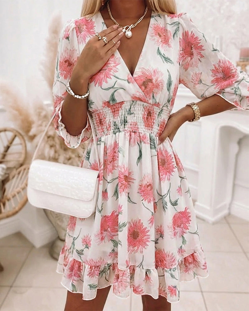 Floral Print Overlap Deep V-Neck Half Sleeve Shirred Waist A Line Dress Casual Flared Cuffs Ruffle Hem Chiffon Dress