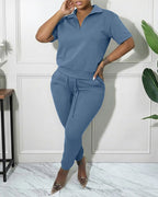 Women's 2-Piece Sporty Set Short Sleeve Half Zip Top and High Waisted Joggers Casual Lounge Outfit with Pockets