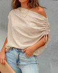 Skew Neck Drawstring Sleeve Loose Fit Casual Top
