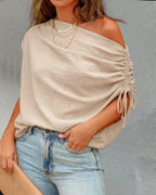Skew Neck Drawstring Sleeve Loose Fit Casual Top