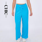Blue Solid Color Wide-Leg Drawstring Palazzo Pleated Pants