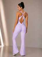 Women's Leopard Print Yoga Jumpsuit, Cross Strap Design, Long Sleeve Slim Fit, Casual Fashion for All Seasons, Comfortable Wear at Home