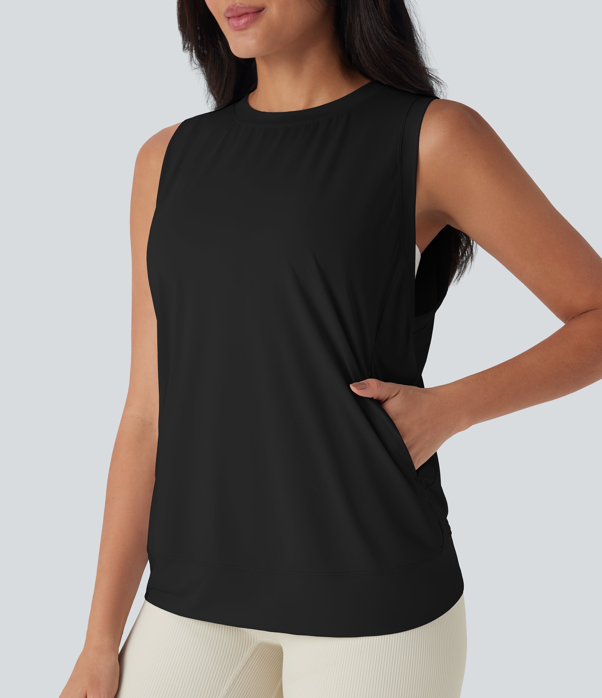 Round Neck Cool Touch Yoga Tank Top with Pockets-UPF50+