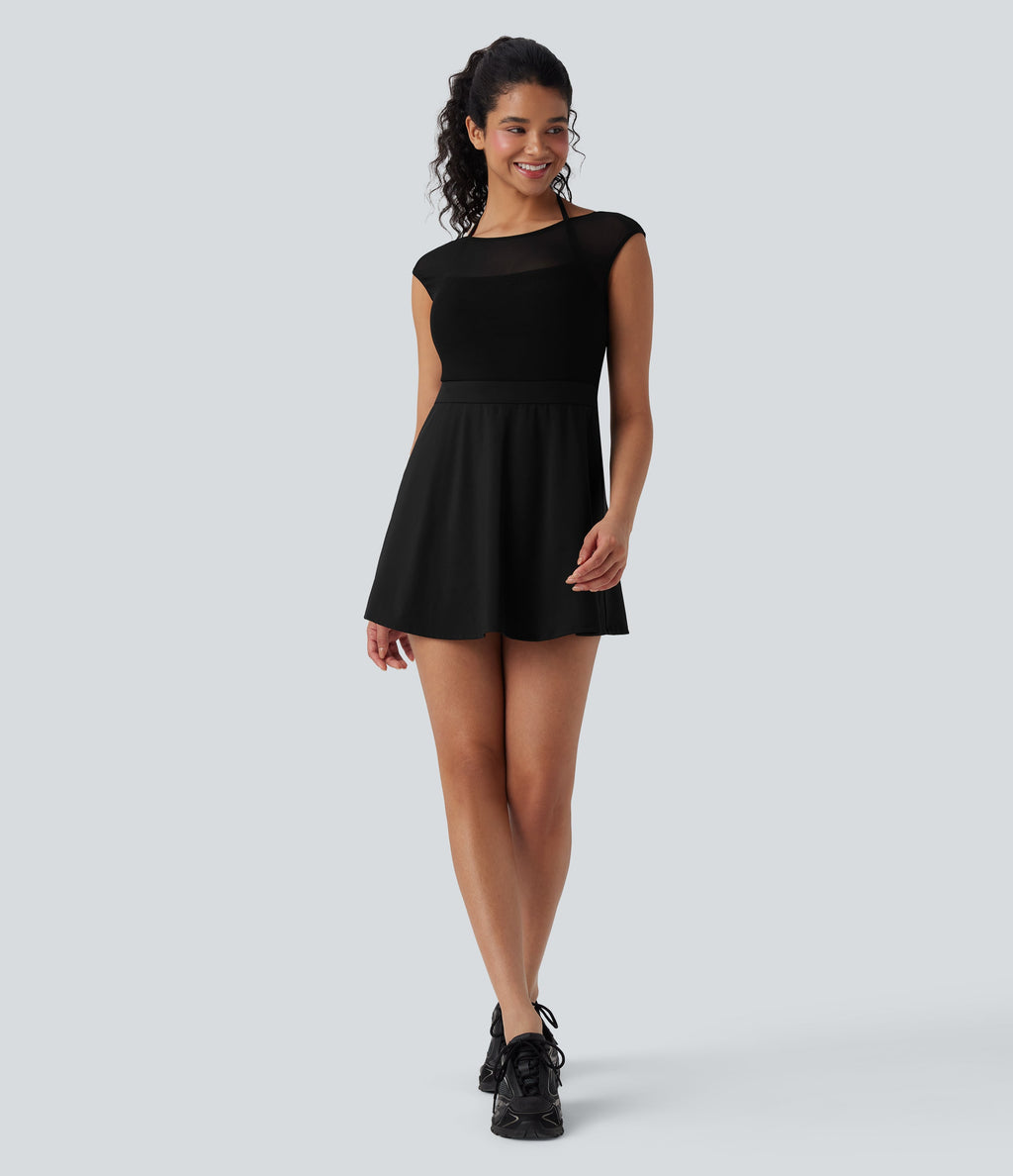 SoftlyZeroTM Airy Halter Adjustable Buckle Contrast Mesh Cool Touch Yoga Active Dress-Easy Peezy-UPF50+
