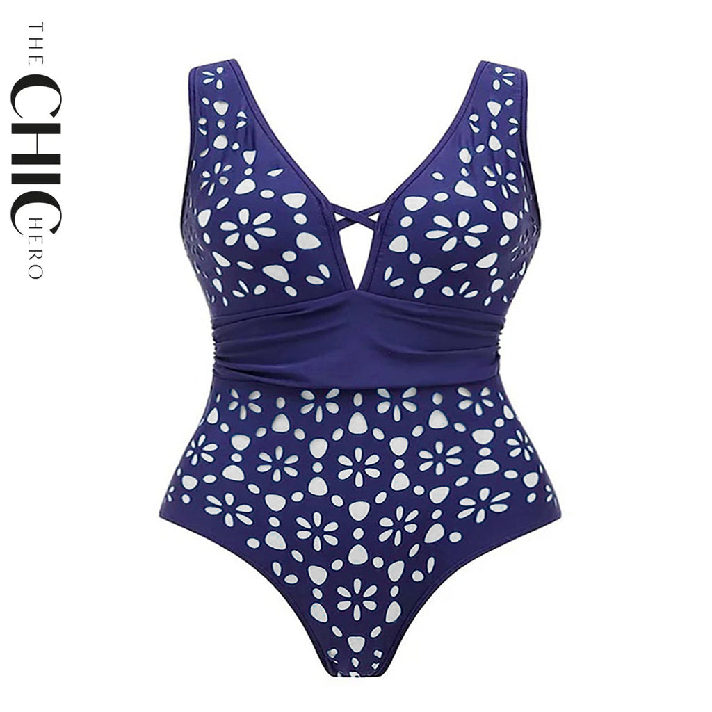 Navy Blue Petal Print Hollow One-Piece V Neck Swimsuit&Skirt