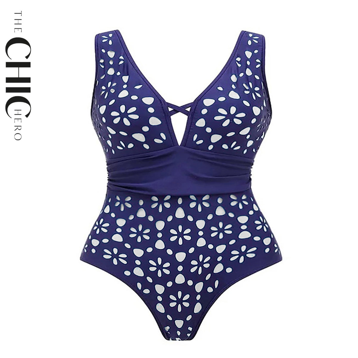 Navy Blue Petal Print Hollow One-Piece V Neck Swimsuit&Skirt