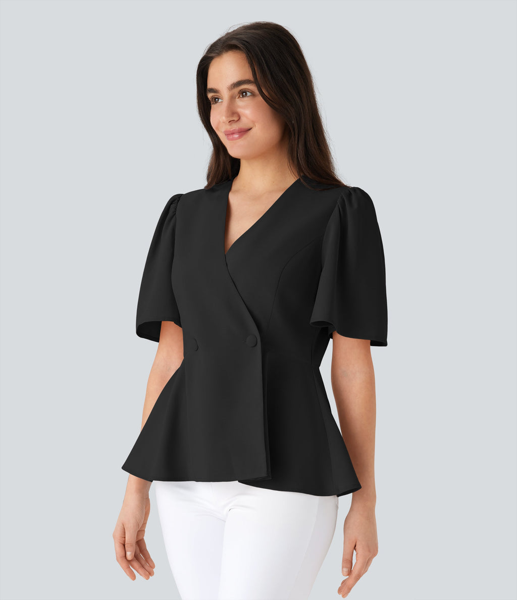 V Neck Short Sleeve Ruffle Hem Work Top