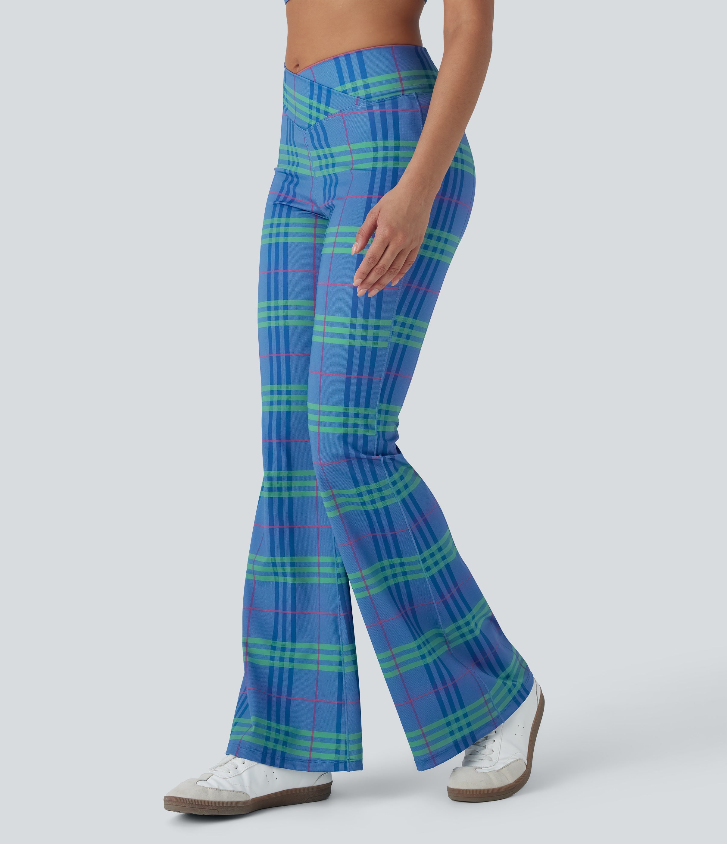 Crossover High Waisted Plaid Cool Touch Yoga Flare Leggings with Pocket