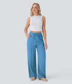 Women Summer High Waisted Drawstring Pocket Wide Leg Casual Linen-Feel Pants