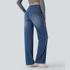 2026🔥 FlexTM High Waisted Multiple Pockets Baggy Wide Leg Washed Stretchy Knit Casual Jeans