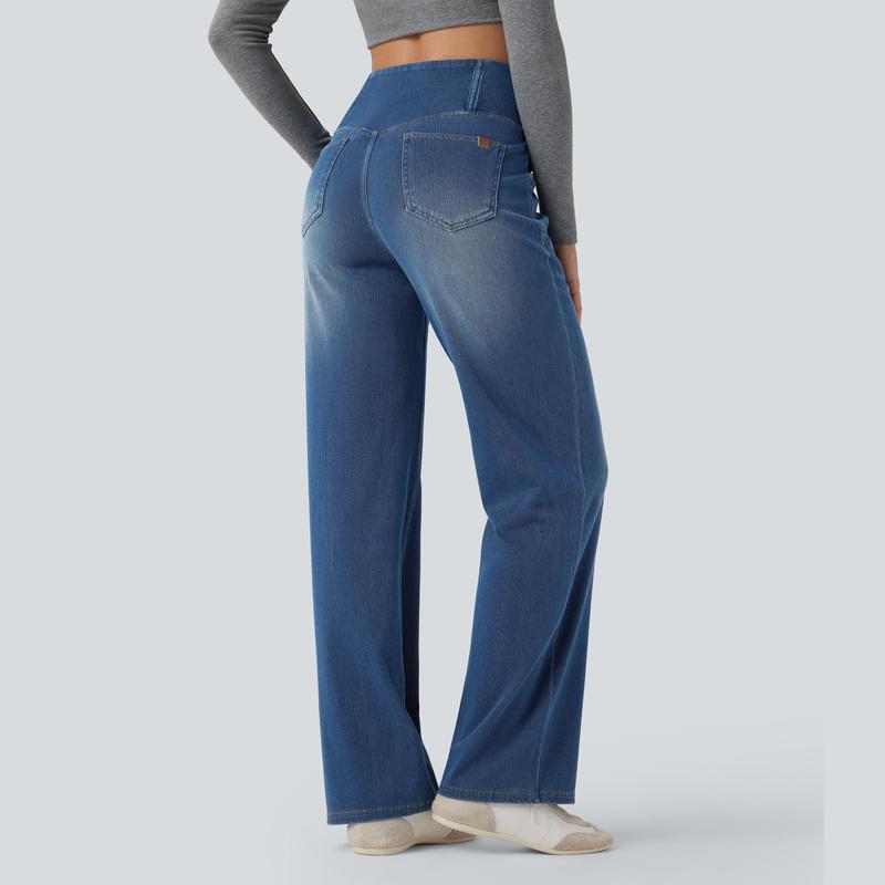 2026🔥 FlexTM High Waisted Multiple Pockets Baggy Wide Leg Washed Stretchy Knit Casual Jeans