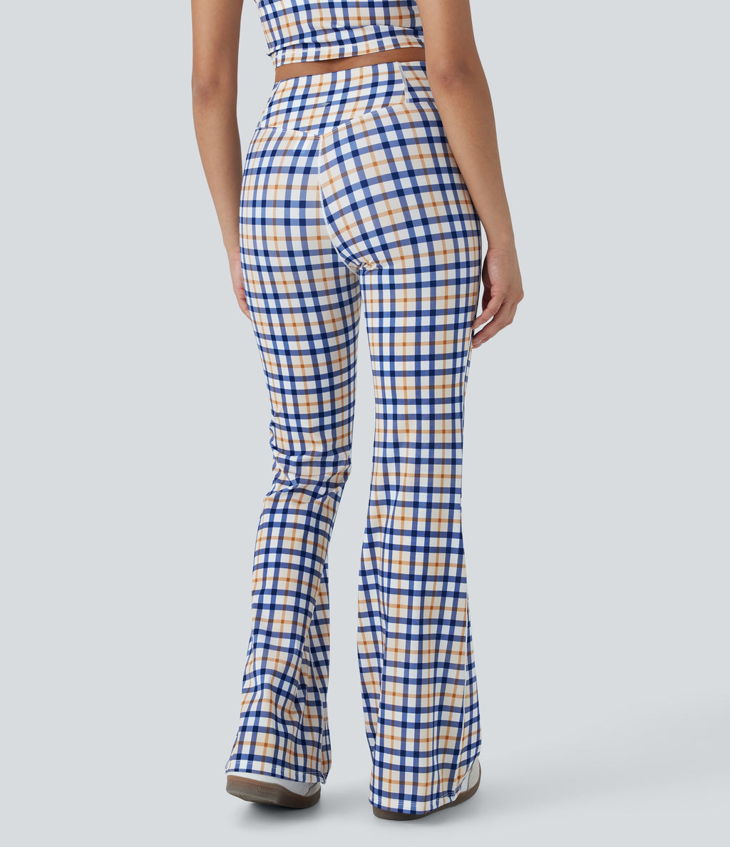 Crossover High Waisted Plaid Cool Touch Yoga Flare Leggings with Pocket