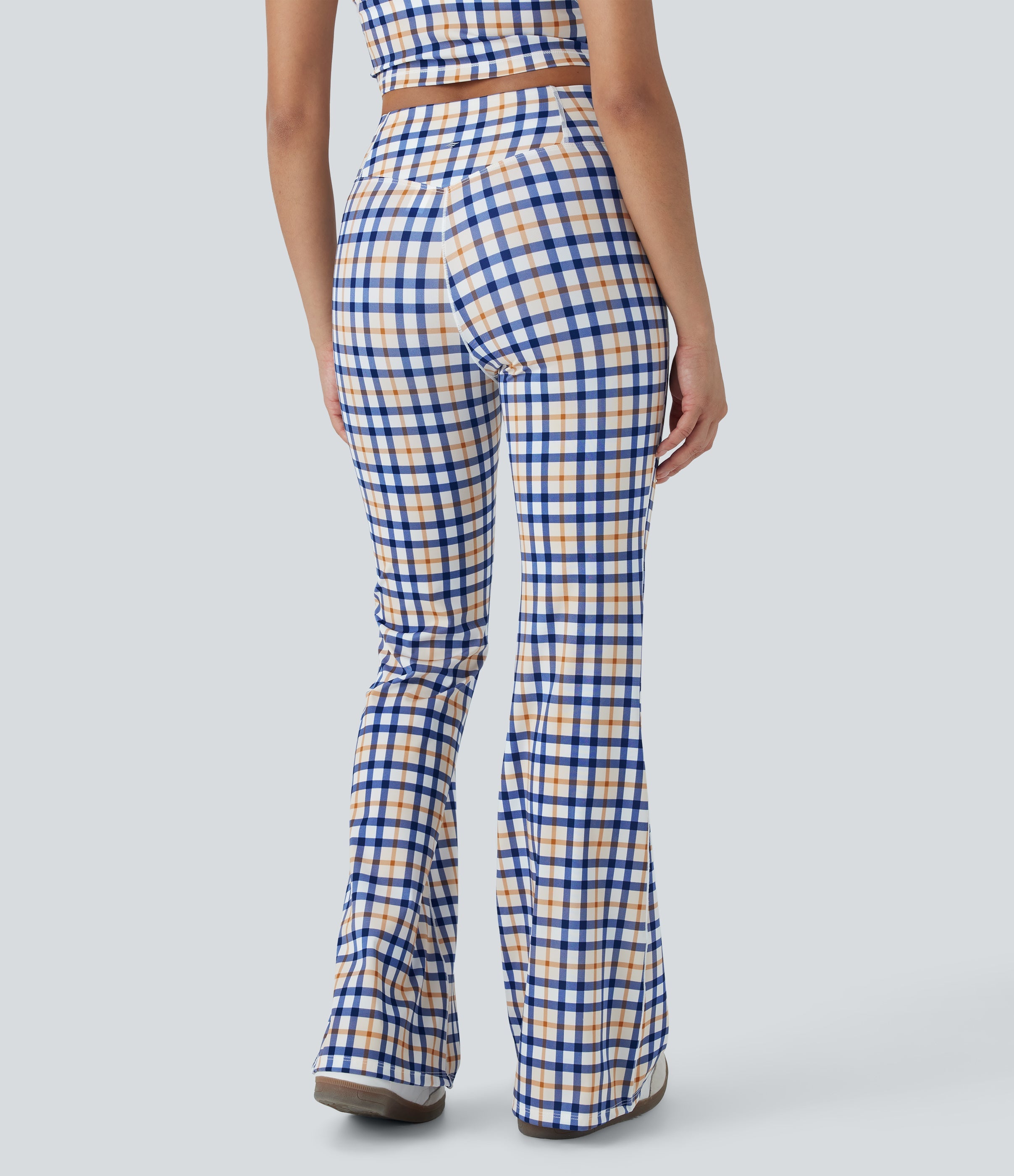 Crossover High Waisted Plaid Cool Touch Yoga Flare Leggings with Pocket