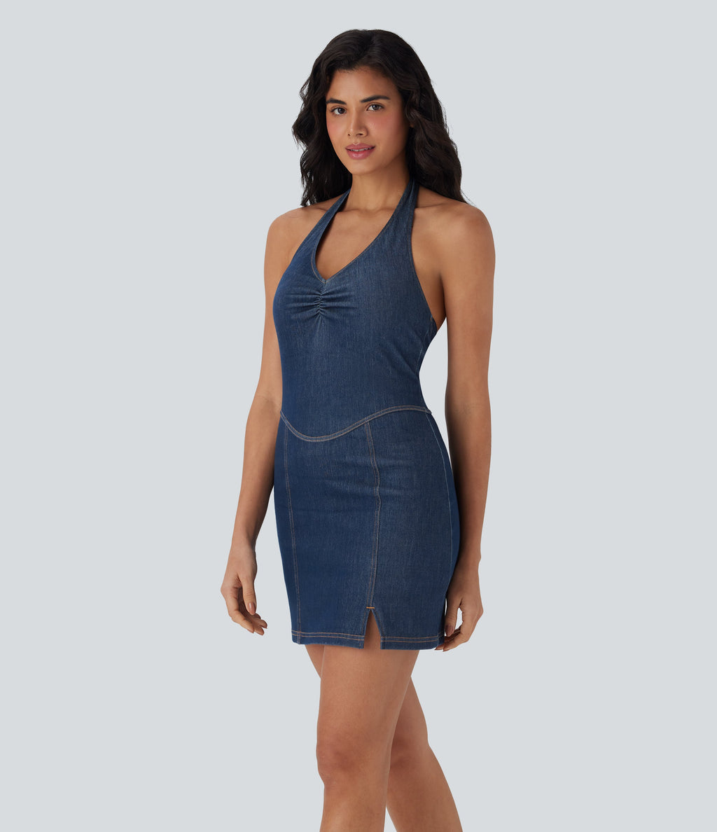 FlexTM Halter Bodycon 2-Piece Cool Touch Washed Denim Mini Tennis Active Dress with Pockets