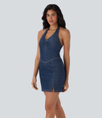 FlexTM Halter Bodycon 2-Piece Cool Touch Washed Denim Mini Tennis Active Dress with Pockets