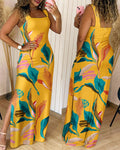 Plants Placement Print Square Neck Thick Strap Side Slit Maxi Dress Casual Vacation Dress with Pockets