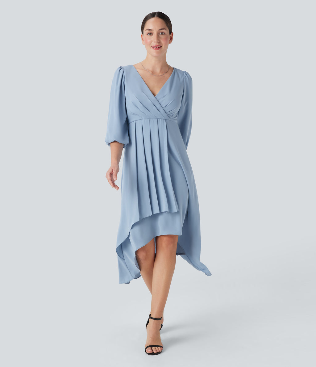 V Neck 3/4 Sleeve Pleated High Low Midi Casual Dress