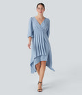 V Neck 3/4 Sleeve Pleated High Low Midi Casual Dress