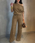 Women's Two-Piece Rhinestone Lounge Suit Skew Neck Top and Wide-Leg Pant Set Elegant Commuter Outfit with Pockets