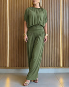 Women's Batwing Sleeve Jumpsuit High Waisted Ruched Wide Leg Overalls Elegant One Piece Outfit