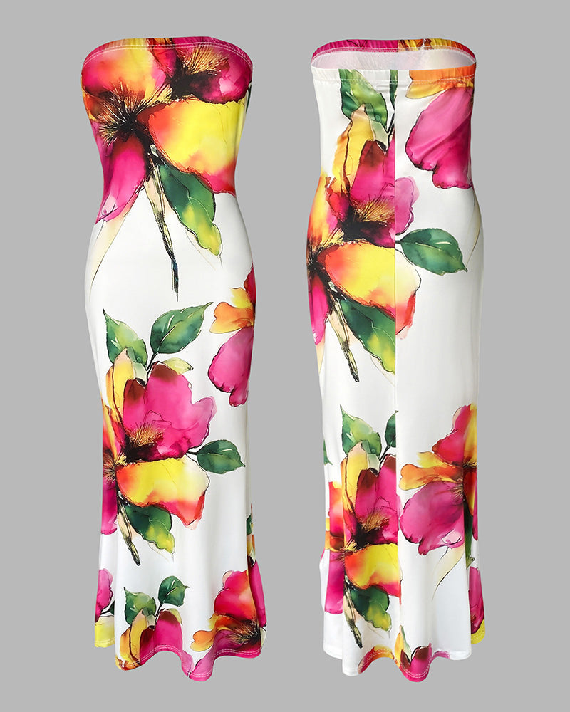 Watercolor Floral Print Slim Fit Stretchy Maxi Dress Chic Tube Dress