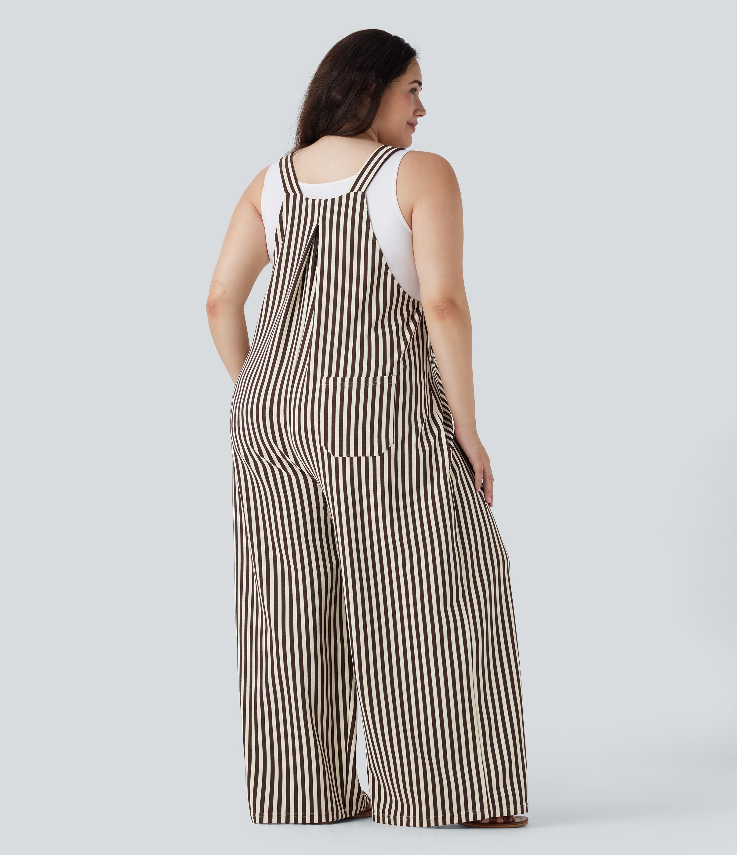 Plus Size Stripe Waffle Overalls with Pockets